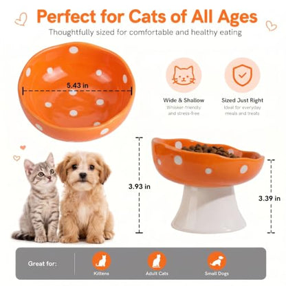 Orange Mushroom Cat Bowl, Elevated Ceramic Bowl for Cats | Elevated, Ceramic, Whisker Friendly, Anti Vomitin,Cute Mushroom Design - color: Orange