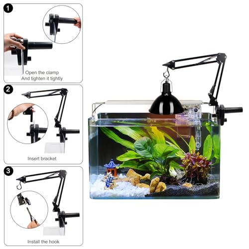 Reptile Heat Lamp Stand Clip-Type, Black Metal Multi-Position Adjustable Light Holder with 360°Swing Arm for Clipping onto Fish Tank, Turtles Chameleons Terrarium (Lamp Not Included)