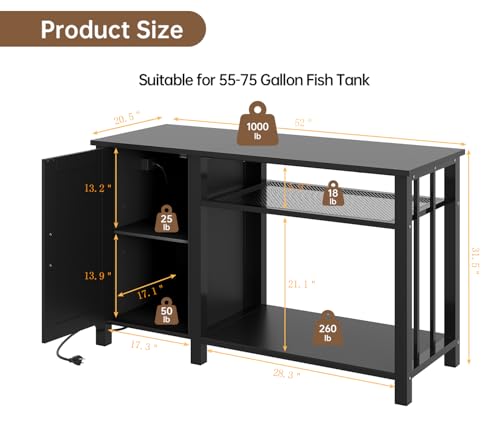 55-75 Gallon Fish Tank Stand with Power Outlet & Adjustable Shelf, Heavy Duty Aquarium Stand with Cabinet Storage for Fish Tank, Turtle Tank, Reptile Terrarium, 1000LBS Capacity, Black - color: Black