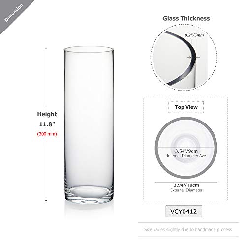 WGVI Quality Thick Weighted Clear Cylinder Glass Vases, 4" W x 12" H, Flower Arrangement Floating Candle Holders Wedding Centerpieces Terrarium Planter Floral Countertop Storage Container, 1 Piece - size: 4"x12"H