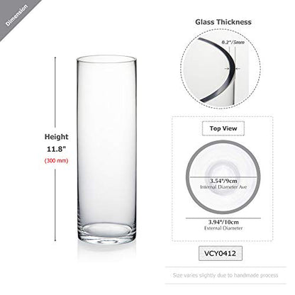 WGVI Quality Thick Weighted Clear Cylinder Glass Vases, 4" W x 12" H, Flower Arrangement Floating Candle Holders Wedding Centerpieces Terrarium Planter Floral Countertop Storage Container, 1 Piece - size: 4"x12"H