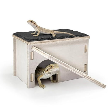 Bearded Dragon Basking Platform,Wooden Reptile Hide Cave with Slate Rock Climbing Ramp Tank Accessories for Leopard Geckos,Lizard,Snake,Tortoise (Small) - size: S:7.1×4.7×4.3"