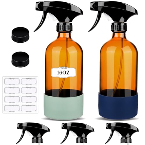 ZENOWICK 2 Pack/16 Oz Glass Spray Bottles, Refillable Empty Containers | Containers with Silicone Sleeve, Upgraded Adjustable Nozzle Spray Bottle Sets for Cleaning, Essential Oils, Hair (Amber) - size: 2 Pack