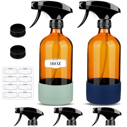 ZENOWICK 2 Pack/16 Oz Glass Spray Bottles, Refillable Empty Containers | Containers with Silicone Sleeve, Upgraded Adjustable Nozzle Spray Bottle Sets for Cleaning, Essential Oils, Hair (Amber) - size: 2 Pack
