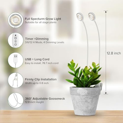 Clip-On Grow Lights for Indoor Plants, 2-in-1 Dual Head Timer | Flexible gooseneck arms bend to aim each head; 4000K full spectrum LED with CRI 95 and 4 dimming levels for leafy