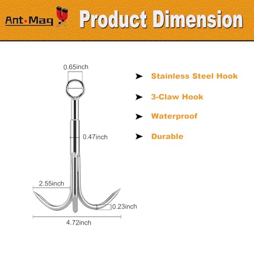 Ant Mag Grappling Hook with Claw Tips, Heavy Duty Stainless Steel Carabiner | Strong Grappling Hook for Camping, Hiking, Tree Climbing, Water Retrieval, Salvage Operations, Rugged Outdoor Rescue Gear - color: Silver, size: Middle