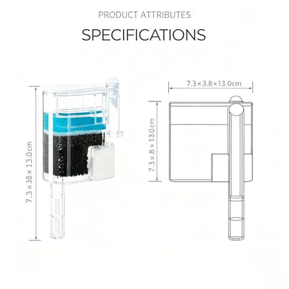 Hang On Back Aquarium Filter for 2–10 Gallon Fish Tank, Ultra Quiet Small Aquarium Filter for Home Use, Adjustable Waterfall Oxygenation, 2.5W USB Powered, Clear Compact Design