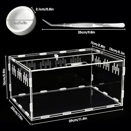 Jumping Spider Enclosure, Insect Terrarium, Bug Cage, Acrylic Terrarium for Tarantula, Snail, Praying Mantis, Frog, and Small Reptiles, Includes Tweezer and Bowl, (11.8" x 7.8" x 5.9") - size: 11.8" x 7.8" x 5.9"