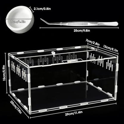 Jumping Spider Enclosure, Insect Terrarium, Bug Cage, Acrylic Terrarium for Tarantula, Snail, Praying Mantis, Frog, and Small Reptiles, Includes Tweezer and Bowl, (11.8" x 7.8" x 5.9") - size: 11.8" x 7.8" x 5.9"
