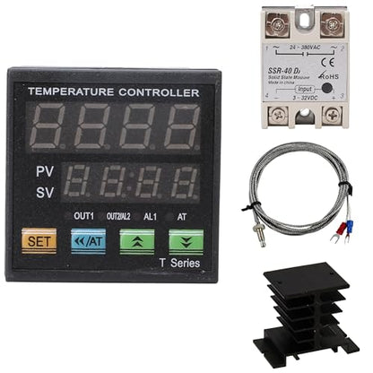 PID Temperature Controller Meter Indicator, Jaybva Digital Universal Thermostat C and Fahrenhe F Display SSR and Alarm Output 40A Solid State Relay and Thermocouple Probe Heat Sink Included - color: PID+40A SSR+Heat Sink+K Sensor