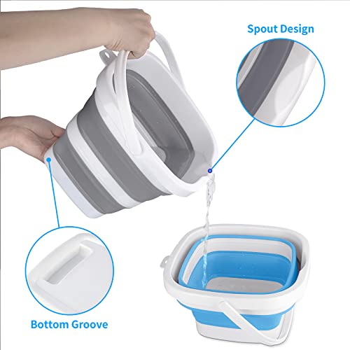 2 Pack Collapsible Buckets 5L 1.3Gallon Small Cleaning Bucket for Household Portable Plastic Bucket Outdoor Car Washing Tub Foldable Camping Beach Sand Water Pot Pail Space Saving Square Grey and Blue - color: Grey+blue