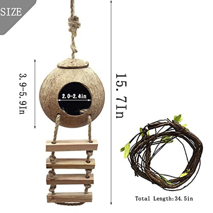PINVNBY Crested Gecko Tank Accessories,Gecko Coconut Hut with Ladder,Reptile Natural Coconut Shell Hideout Lizard Coco Den Climber Plants Decor for Reptiles Habitat Hanging Cave,Sleeping & Breeding