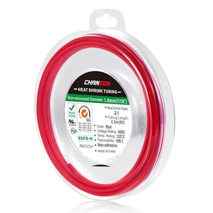 Chanzon 2:1 Ratio 1/16" (1.5mm) Heat Shrink Tubing 8Ft Roll Red | Polyolefin Sleeving 2.5M Roll, for Automotive Wire Repair, Marine, RC Hobby & Electronic Insulation, 1pcs - color: Red, size: 1.5mm (1/16") - 8FT