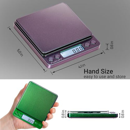 Fuzion Digital Scale .01 Gram Accuracy, 500g Small Kitchen Food Scales | 2 Trays Included for Jewelry, Gold, Herb, Powder, Spice, Coffee, Coin - Weight Gram and Oz - color: Ombré Purple-Green