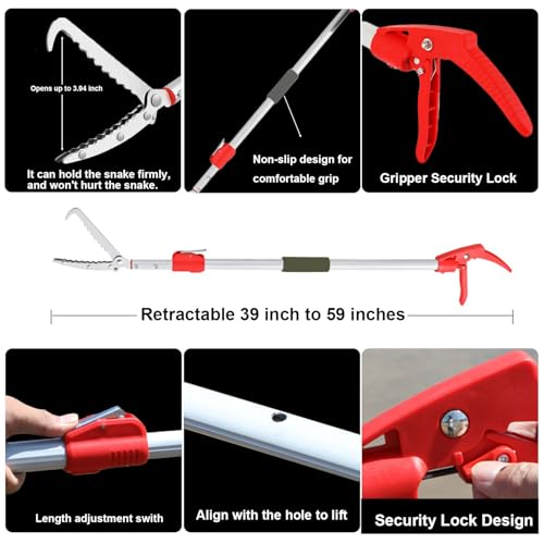 60 "Snake Tongs Collapsible Grabber, Specially used as a Tool for Capturing Reptiles. Wide-Mouth Operation Tool, Stainless Steel Snake Hook, including Animal Handling Gloves and Snake Capture Net