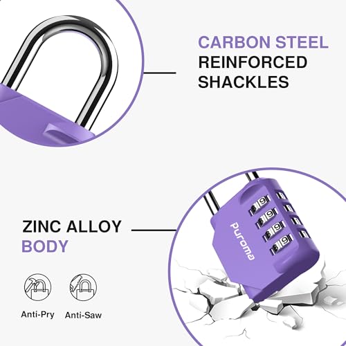 Puroma 1 Pack Combination Lock Locker 4 Digits Combo Padlock Gym Purple | For School Gate Fence Toolbox Hasp Storage, Outdoor, Resettable, Weatherproof, Side Window, Crack Cut Resist, Hardened Steel - color: Purple