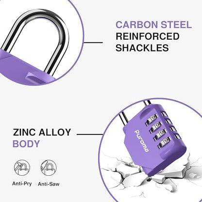 Puroma 1 Pack Combination Lock Locker 4 Digits Combo Padlock Gym Purple | For School Gate Fence Toolbox Hasp Storage, Outdoor, Resettable, Weatherproof, Side Window, Crack Cut Resist, Hardened Steel - color: Purple