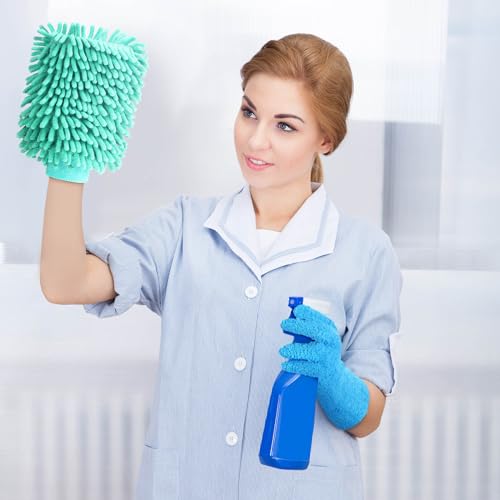 Potchen 6 Pcs Microfiber Dusting Mitt Gloves for Plants Washable Dusting Gloves for House Cleaning Furniture Car Washing - color: Light Blue