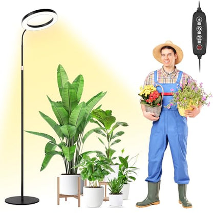 LBW 10.2in Grow Lights for Indoor Plants Full Spectrum with Stand, Floor Plant Growing Lamp for Large Plants, Auto ON/Off Timer 4/8/12H, 4 Dimmable Levels, 68in Adjustable Height - size: 1 Head 10.2" Jumbo Black