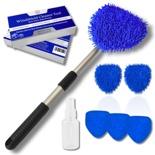Windshield Cleaner Tool for Inside Car Windows with 6 Microfiber Pads Power Blade Glass Cleaning Kit, Magnetic Reach Handle for Auto Interior, Streak Free Window Supplies