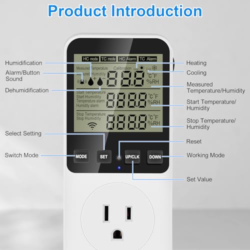 Temperature and Humidity Controller Plug in Thermostat Outlet with Humidity Control 120V Heating Cooling Humidification Dehumidification for Greenhouse Mushroom Grow Tent Reptile Aquarium - color: Htc820