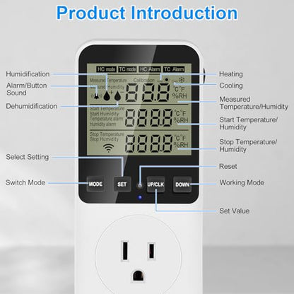Temperature and Humidity Controller Plug in Thermostat Outlet with Humidity Control 120V Heating Cooling Humidification Dehumidification for Greenhouse Mushroom Grow Tent Reptile Aquarium - color: Htc820