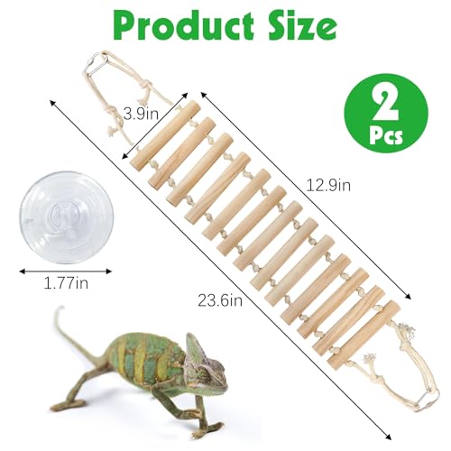 BNOSDM 2 Pcs Reptile Bridge Gecko Climbing Ladder Bearded Dragon Hammock with Suction Cup Wooden Basking Lounger Leopard Gecko Tank Accessories for Lizard, Hermit Crab, Frog, Snake - color: 2pcs-Solid wood
