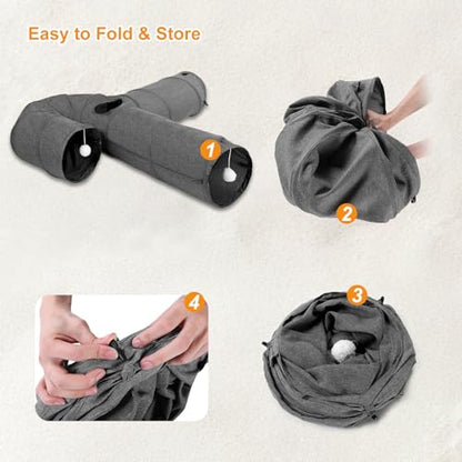 Ownpets 10" Large Cat Tunnel 3-Way U-Shape Oxford Fabric for Large Cat | Silent oxford fabric no noise, expandable 3-channel design, with plush ball ,feather wand, peek hole, for multi-cat household - size: 10 Inches in Diameter