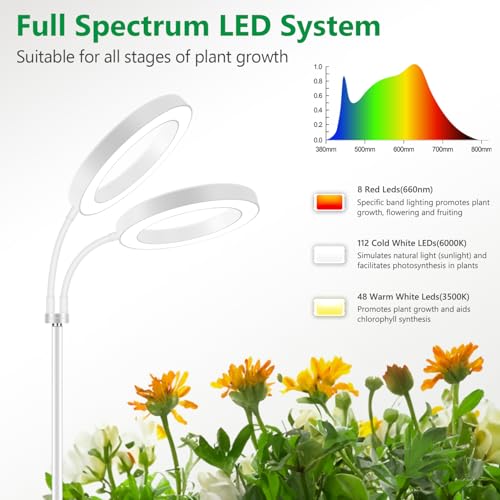 Aumtrly Large Plant Grow Light Indoor, 2 Head Full Spectrum, with 68" Stand | 168 LED, White Floor Growing Lamp for Tall Plant, 6/12/16H Timer, 5 Dimming, Adjustable Height, Flexible Gooseneck,Metal Base - size: 2 head 68inch/white