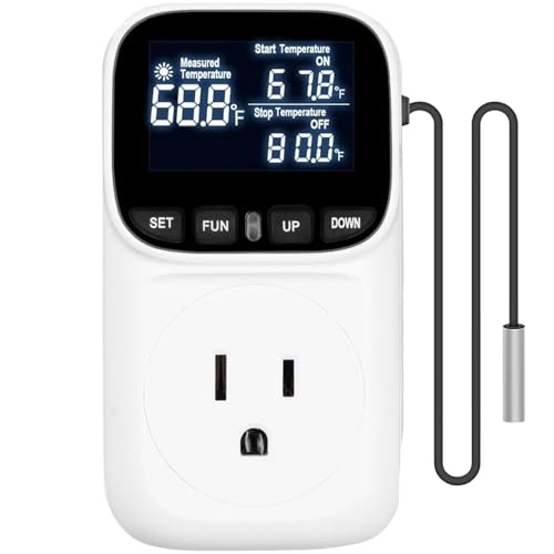 KABASI Digital Temperature Controller, Only Fahrenheit Dispaly with Sensor | Heavy Duty 15A Thermostat Outlet, Heating Cooling Control Timer Plug Socket for Greenhouse Refrigerator Terrarium Aquarium