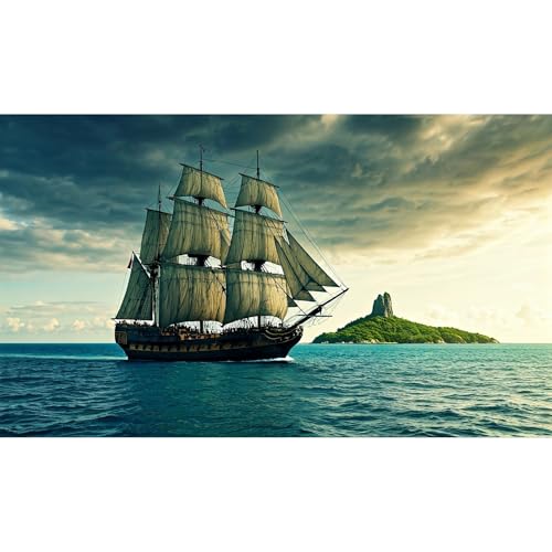 Black Pearl Pirate Ship Aquarium Background Steampunk Artistic Sailboat Caribbean Sea Fish Tank Background Tropical Island Menacing Clouds Seascape Terrarium Backgrounds for Tank Decors 24x12in - color: Turquoise, size: 24(W)x12(H)inches/ 60(W)*30cm(H)