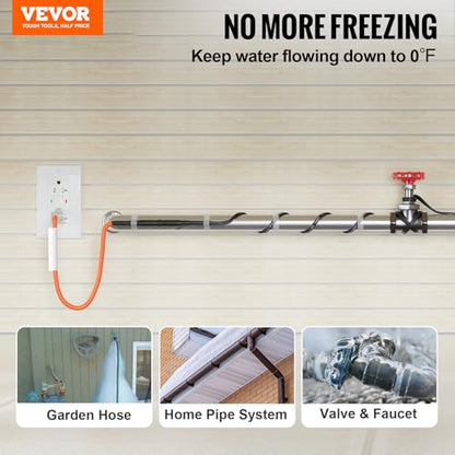 VEVOR Self-Regulating Pipe Heating Cable, 3FT 5W/FT Heat Tape for Pipes Freeze Protection, Water Pipe Heat Cable with Built-in Thermostat Protects PVC Hose, Metal and Plastic Pipe from Freezing - size: 3FT