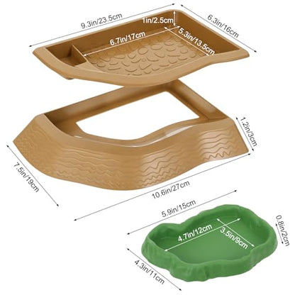 Reptile Bathing Pool with Ramp, Turtle Soaking Dish with Pet Food Feeding Plate Reptile Feeding Dish Water Bowl Bathing Pool Aquarium Ornament for Gecko, Turtle, Bearded Dragon, Lizard Bath