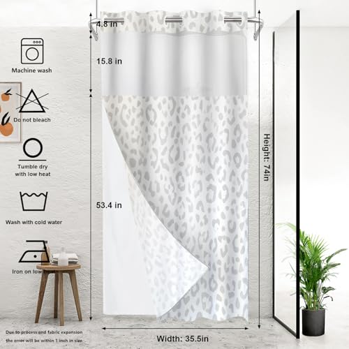 Grey Leopard Print No Hooks Shower Curtain with Snap in Liner Set, Animal Nature Cat Wildlife Fur Tub Curtainn Mesh Top Window & Magnetic Hem Waterproof 35.5X74 Inch - color: Animal Watercolor Dapple Black, size: 35.4"W x 74"L (Pack of 1)