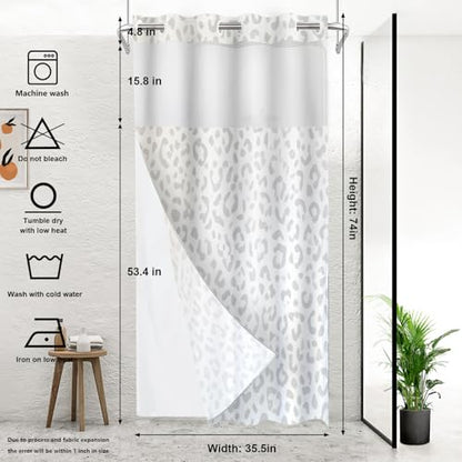 Grey Leopard Print No Hooks Shower Curtain with Snap in Liner Set, Animal Nature Cat Wildlife Fur Tub Curtainn Mesh Top Window & Magnetic Hem Waterproof 35.5X74 Inch - color: Animal Watercolor Dapple Black, size: 35.4"W x 74"L (Pack of 1)