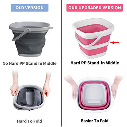 2 Pack Collapsible Buckets 5L 1.3Gallon Small Cleaning Bucket for Household Portable Plastic Bucket Outdoor Car Washing Tub Foldable Camping Beach Sand Water Pot Pail Space Saving Square Grey and Pink - color: Grey+pink