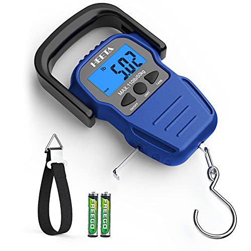 HEETA Fish Scale Digital Fishing Luggage Weight Scale with Measuring Tape | Up 110lb/50kg Portable Hanging Scale with Backlit LCD Display for Home Farm Outdoor Hunting Fishing, 2 AAA Batteries Included - color: Blue