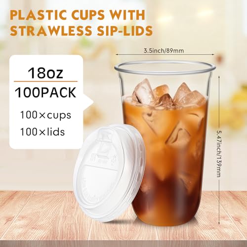Baderke 100 Sets 18 oz Clear Plastic Cups with Lids,Sturdy Iced Coffee Cups with lids, Disposable Plastic Smoothie Cup for Cold Drinks - size: 18oz