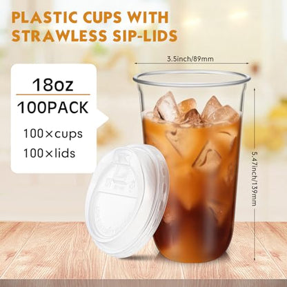 Baderke 100 Sets 18 oz Clear Plastic Cups with Lids,Sturdy Iced Coffee Cups with lids, Disposable Plastic Smoothie Cup for Cold Drinks - size: 18oz