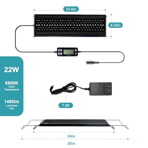 24/7 LED Aquarium Light, IP68 Waterproof Extendable Bracket Fish Tank Light with Timer, 7 Colors, 10 Level Adjustable Brightness, DIY Mode Full Spectrum Aquarium Plant Light for 24-30 Inch Fish Tank - size: 24"-30"