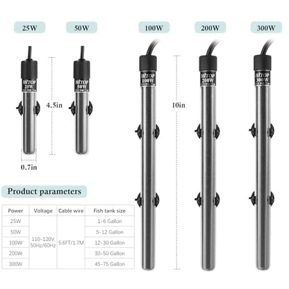 HITOP Mini Submersible Aquarium Heater -50W Digital Heater for Fish Tank Turtle Tank, for Saltwater and Fresh Water with Temperature Controller - size: (5-12Gal) 50W
