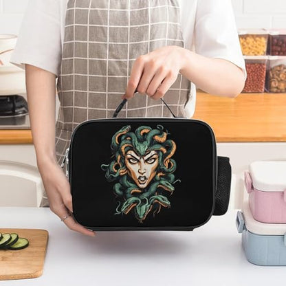 Medusa with Snakes Insulated Lunch Bag Polyester 27x21x9cm | Makeup Storage Tote with Removable Handle and Mesh Side Pocket for Women Men Work Picnic Travel