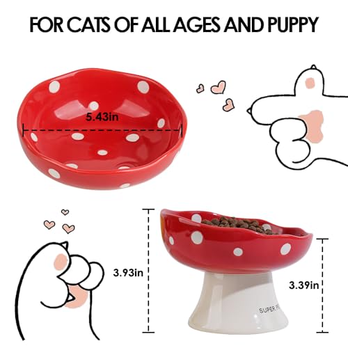 Red and Orange Mushroom Cat Bowl Set, 2PCS Elevated Ceramic Bowls for Cats | Cute Mushroom Set, Elevated, Ceramic, Whisker Friendly, Multi-Cat - color: Red+Orange