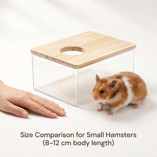 QWORK Hamster Sand Bath Box – Clear Acrylic Habitat Bath with Wooden Lid for Dwarf Hamsters, Digging & Grooming