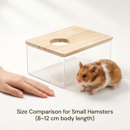 QWORK Hamster Sand Bath Box – Clear Acrylic Habitat Bath with Wooden Lid for Dwarf Hamsters, Digging & Grooming