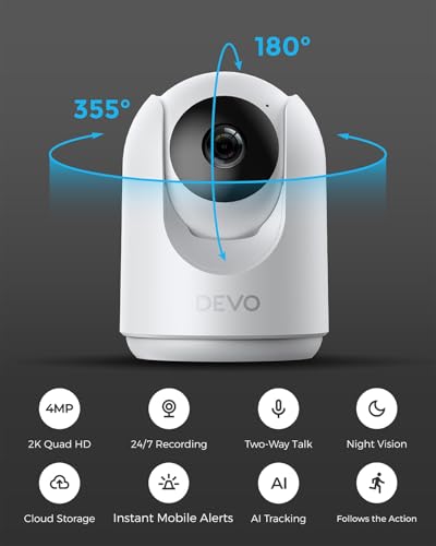 Devo Indoor Security Camera, 2K 360 Pan-Tilt Pet Dog Baby Monitor Camera | WiFi Smart Camera for Home with Phone App,Motion Detection, Color Night Vision, 2-Way Audio, 256GB SD