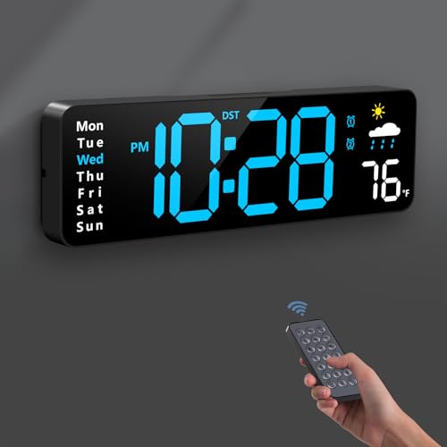 Digital Wall Clock, Digital Clock Large Display with Remote Control, Corded LED Alarm Clocks with Date, Week, Temp, Humidity, Auto DST, Countdown, for Living Room Bedroom Classroom Office (Blue) - color: Blue
