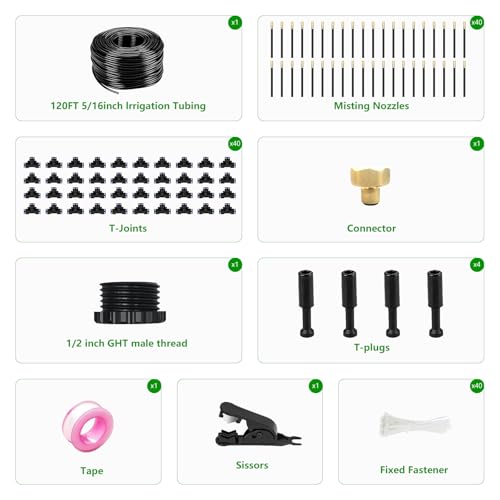 120FT Drip Irrigation System for Garden – Automatic Watering Kit with Solid Brass Metal Connectors, 360° Bendable Tubing &40 Adjustable Nozzles for Greenhouse, Lawn, Yard & Plants - size: 120 FT
