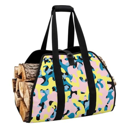 Sweet Camo Print Wood Transport Sack Firewood Tote | with Reinforced Handles, Large Capacity, Open-Ended Design, for Stoves, Fire Pits and Long Camping Trips - color: Pink Yellow Blue Sweet Camo Print