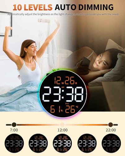 10 Inch Large Digital Wall Clock with 13 Color Changing Remote Control, Date Week Temperature, Auto Brightness Dimmer Big Clock with Night Lights,RGB - color: Rgb
